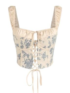 Cider Cream Corset Bustier Top with Blue Floral Accents